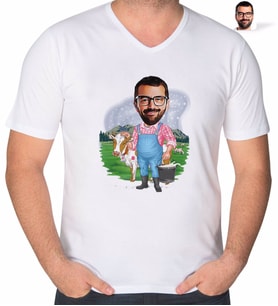 BK Gift Kişiye Özel Çiftçi Karikatürlü V Yaka Tişört-1 (Beyaz)