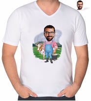 BK Gift Kişiye Özel Çiftçi Karikatürlü V Yaka Tişört-1 (Beyaz)