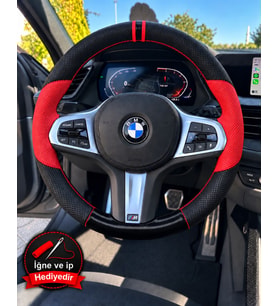 BMW F80 M3 Dikme Direksiyon Kılıfı Parlak Siyah Kırmızı Detaylı Kırmızı Çift Yüzük ve Dikiş 2012-2019