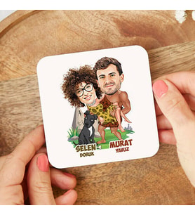 Kişiye Özel Taş Devri Aşıkları Karikatürlü Bardak Altlığı