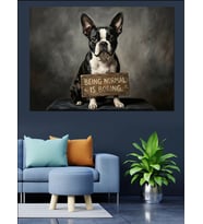 İlan Tahtası Tutan Boston Terrier Dekoratif Kanvas - Mdf Ahşap Tablo