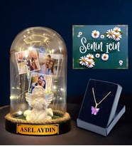 Sizlere Özel Hazırlanacak Hediye Seti, İsimli 3 Fotoğraflı Led Işıklı Fanus ve Kelebek Kolye (Model 9)