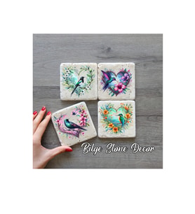 bilge tasarım Stone Decor Taş Bardak Altlığı 4'lü Set 10x10x1 Cm desenli