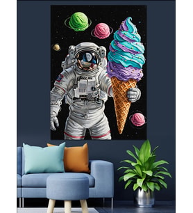 Dondurma Yiyen Astronot Adam Dekoratif Kanvas - Mdf Ahşap Tablo