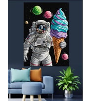 Dondurma Yiyen Astronot Adam Dekoratif Kanvas - Mdf Ahşap Tablo