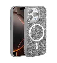 iPhone 16 Pro Max Kılıf Pırlanta Tasarımlı M-safe Şarj Özellikli Mozaik Silikon Kapak (Gri)