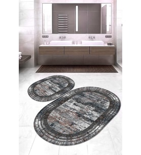 Dijital Baskılı Kaymaz Taban Yıkanabilir Oval 2'li Klozet Takımı Banyo Paspası NOKZ-HY-1316 (Gri)