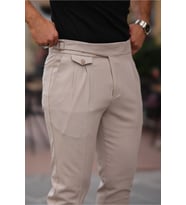 Kemer Detaylı Kuşaklı Old Money Kumaş Pantolon (Bej)