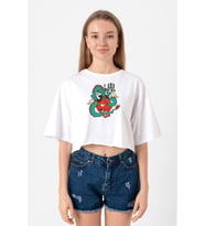 Dragon Samurai Anime Beyaz Kadın Crop Tshirt