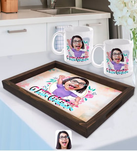 BK Gift Kişiye Özel O Bir Çiçek Karikatürlü Doğal Ahşap Tepsi ve 2’li Kupa Bardak Seti-3