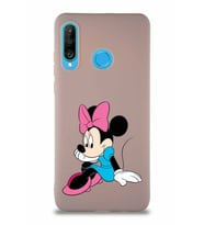 Huawei P30 Lite Soft Premier Kapak Minnie Mouse-E Tasarımlı Silikon Kılıf - Pudra (Şeffaf)