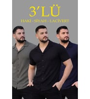 Erkek Waffle Dokuma Açık Yakalı Düğmeli Regular Kalıp 3’lü Gömlek Seti - Siyah, Haki, Lacivert