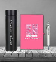 Öğretmeler Günü En Tasarım Kişiye Özel Defter Kalem Dereceli Termos Seti (Pudra Pembe)