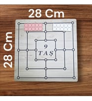 Ahşap 9 Taş 3 Taş Oyunu (28cmx28cm) Eşsiz Eğlence Zeka Akıl Mantık Strateji Oyunu