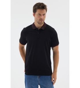 Siyah-Bordo Polo Yaka Pike Kısa Kol Slim Fit %100 Pamuk Tişört 1011260171
