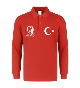 Atatürk-Ay Yıldız Baskılı polo yaka iki iplik şardonlu swetshırt (Kırmızı)