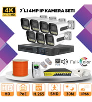 7'li Güvenlik IP Kamera Seti - 4MP Dış Mekan Kamera, 3.6mm Lens, H.265, PoE, Warm Led Gece Görüşlü (Beyaz)