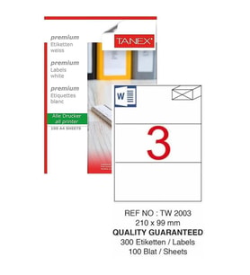 Bilgisayar Etiketi Tw-2003 210x99 mm 100 Lü Lazer Etiket 1 Paket Tanex Davetiye Kargo Koli Kutu Etiketi (Beyaz)