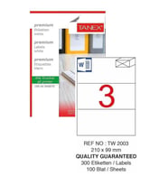 Bilgisayar Etiketi Tw-2003 210x99 mm 100 Lü Lazer Etiket 1 Paket Tanex Davetiye Kargo Koli Kutu Etiketi (Beyaz)