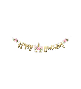 Mini Party Store Kaligrafi Banner Çiçekli Unicorn Happy Bırhtday