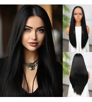 Siyah Fiber Sentetik Düz Tül Peruk
