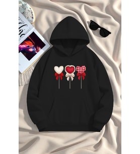 Unisex Kalp Lolipop Detayli Baskılı Oversize Sweatshirt (Siyah)