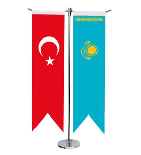Masa Üstü Kırlangıç Kazakistan + Türk Bayrağı + Krom T Direk Masa Bayrak Seti
