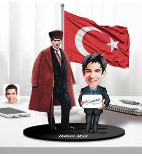 BK Gift Kişiye Özel Atatürk ve Erkek Öğretmen Temalı 2 Katmanlı Karikatürlü Ahşap Biblo- 2, Öğretmene Hediye, Öğretmenler Günü, 100. Yıl Hediyesi