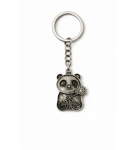 Lucky Panda Charm – Çiçek Detaylı Panda Figürlü Gümüş Renk Unisex Metal Anahtarlık