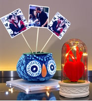 Kişiye Özel Hediye Seti 3 Fotoğraflı Mavi Baykuş Saksı ve Led Işıklı Fanus Seti (Model 1)