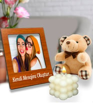 Kişiye Özel Fotoğraflı Mesajlı Çerçeve & Peluş Ayıcık & Bubble Mum