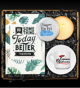 Öğretmenler Gününe Özel Fincan & Tasarım Defter & Özel Tasarımlı Mum Hediye Seti