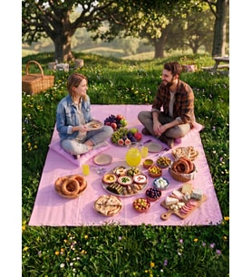 Pötikare Desenli - 170x170 Cm - Pembe Renk Çantalı Piknik Örtüsü ve 2'li Minder Seti - Kamp Örtüsü