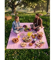 Pötikare Desenli - 170x170 Cm - Pembe Renk Çantalı Piknik Örtüsü ve 2'li Minder Seti - Kamp Örtüsü