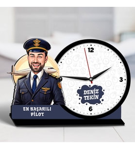 Erkek Pilota Hediye Karikatürlü Ahşap MDF Masa Saati