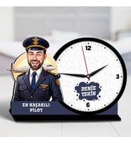 Erkek Pilota Hediye Karikatürlü Ahşap MDF Masa Saati