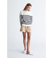 Styleboom X Peraluna BARDOT PULLOVER Omzu Düğmeli Çizgili Organik Pamuk Mevsimlik Kadın Triko Kazak - Ekru/Lacivert