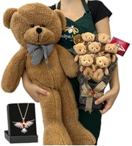 Fotoğraflı Hediye Seti - Renkli Anka Kuşu Kolyeli, 7'li Ayıcık Buketli ve Kahve Peluş Ayıcıklı Set (Model 4)