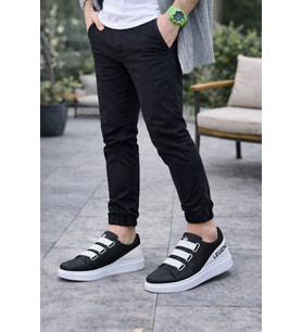 Onom Bağcıksız 3 Bantlı Lastikli Legend Cilt Erkek Günlük Sneaker Ayakkabı CBT - Siyah/Beyaz