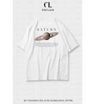 Nevermind Unisex Kadın Erkek Saturn Baskılı Özel Tasarım Oversize T-shirt (Beyaz)