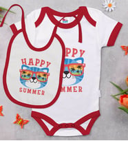 BK Kids Happy Summer Tasarımlı Kırmızı Bebek Body Zıbın ve Mama Önlüğü Hediye Seti-1