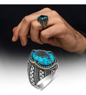 Oval Aqua Mavi Taşlı 925 Gümüş Erkek Yüzük