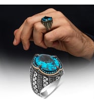 Oval Aqua Mavi Taşlı 925 Gümüş Erkek Yüzük