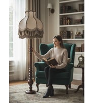 Vizon Kadife Başlık Koyu Ceviz Ahşap Ayaklı Lambader Vintage Model 170x50cm