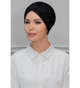 Siyah Pratik Hazır Geçmeli Tesettür Bone Fukuro Piliseli Tek Çapraz Büzgülü 1824_01