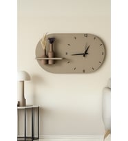 Modern Tasarım Raflı Nera Duvar Saati 75x45 (Koyu Bej)