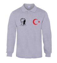 Atatürk-Ay Yıldız Baskılı polo yaka iki iplik şardonlu swetshırt (Gri)