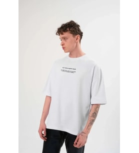 pilelistore- Unisex Bisiklet Yaka Baskılı Oversize T-Shirt - Beyaz