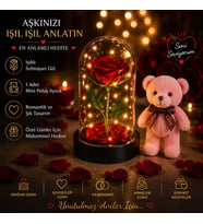 Led Işıklı Mika Fanus Solmayan Yapay Kırmızı Gül & 1 Mini Peluş Ayıcık Sevgiliye Romantik Hediye Set