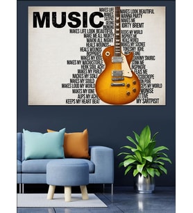 Müzik Yazılarıyla Çevrili Gitar Çizimi Dekoratif Kanvas - Mdf Ahşap Tablo